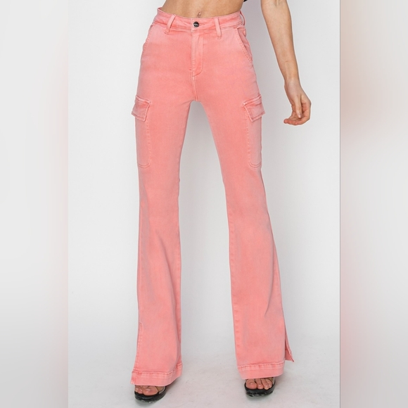 High Waist Frayed Hem Bootcut Jeans - Pink